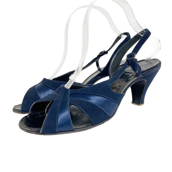 Vintage Troylings Seymour Troy Blue Suede Slingback Open Toe Heels - Picture 1 of 13
